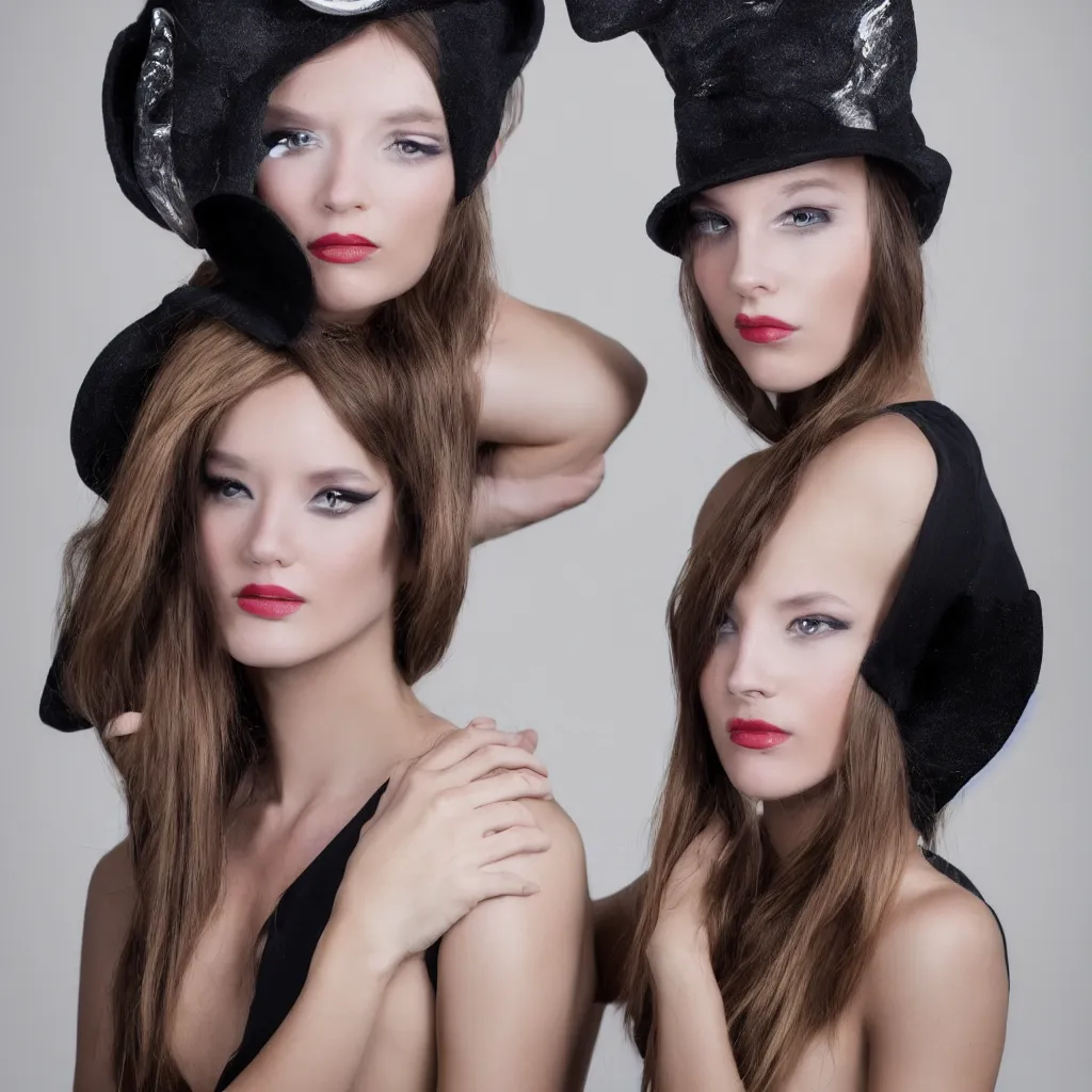 Image similar to beautiful female model wearing a moon hat, surrealist fashion show, studio lighting