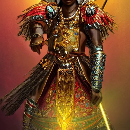 Image similar to a young black boy dressed like an african moorish warrior in gold armor and a crown with a ruby, posing with a very ornate glowing electric spear!!!!, for honor character digital illustration portrait design, by android jones in a psychedelic fantasy style, dramatic lighting, hero pose, wide angle dynamic portrait