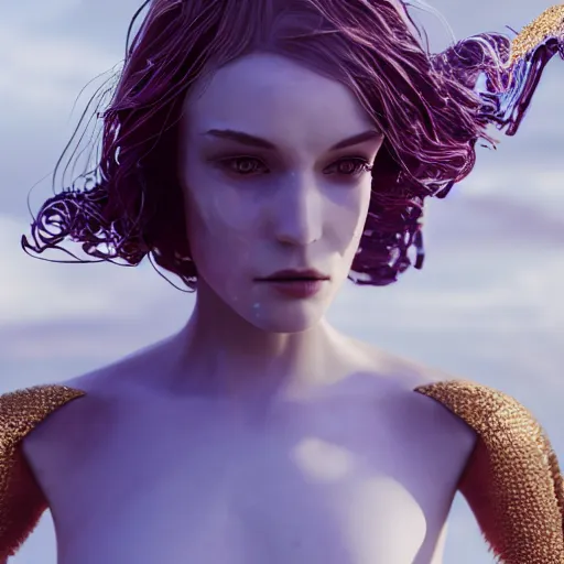 Prompt: abstract female sculpture made of white marble and amethyst crystals quartz, ethereal lights, fine details, artstation. com, film still, cinematic, super model photo shooting, luxury, strong wind blowing, dark mood, sad, cold colors, golden filigree, octane render, lens flare