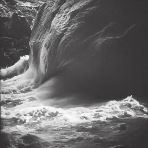 Image similar to a cave with a rushing wave of water, creepy, eerie, unsettling, terrifying, jagged rocks, dark, grainy, noisy, slightly blurry, polaroid, deep!!!!!, dark!!!