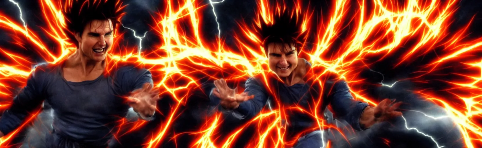 Prompt: ' tom cruise'as'goku'charging super saiyan, cinematic scene, award winning