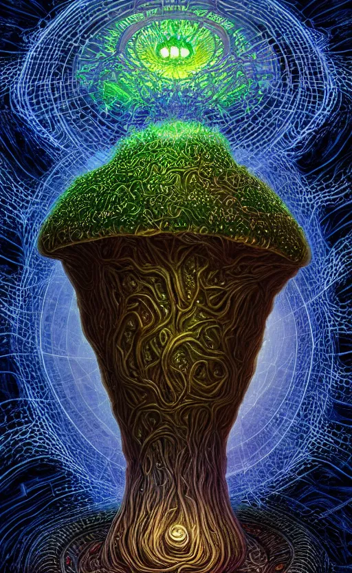 Image similar to enormous mushroom deity of the stars resides inside void manifold, mycelium forms quantum foam, fractal of scary dirac equations, portrait by ross tran, timeline nexus, ascending universes, a dnd illustration of esoteric concept by cgsociety and james gurney, artstation, hdr, rtx, iridescent wise mushroom deity