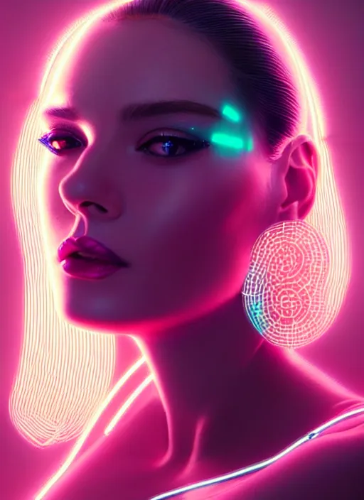 Image similar to photorealistic portrait of female humanoid, cyber neon lights, highly intricate, retro 6 0 s haute couture fashion, elegant, highly detailed, crispy quality, trending on artstation, trending on pinterest, glamor pose, no signature, no watermark, smooth, cinematic, art by artgerm and greg rutkowski