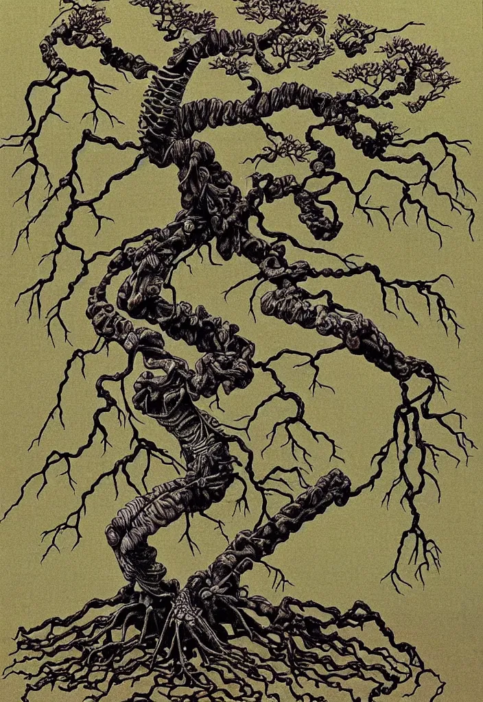 Image similar to prompt: anatomy dissection drawing skeleton Bonsai tree drawn by Takato Yamamoto, bonsai skeleton anatomy atlas, veins and organs attached to tree roots, alchemical objects inspired by 1980's sci-ci, old experimentation cabinet, intricate oil painting detail, manga 1980