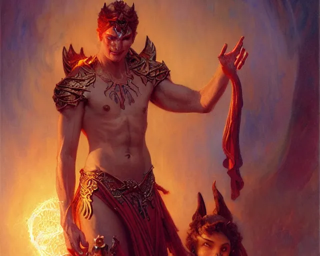 Image similar to attractive demonic male deity, casting magic, summoning handsome lucifer morning star. highly detailed painting by gaston bussiere, craig mullins, j. c. leyendecker 8 k