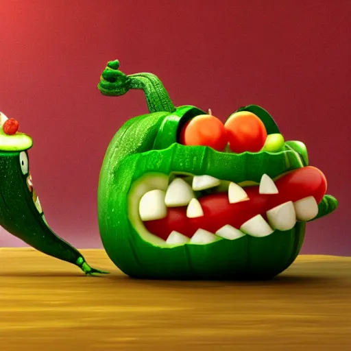 Prompt: detailed 3 d render of an angry zucchini character chasing a tomato figure with a knife in hand, hyper realistic octane render, dramatic scene, nightmare, surrealism, pixar, disney, cartoon