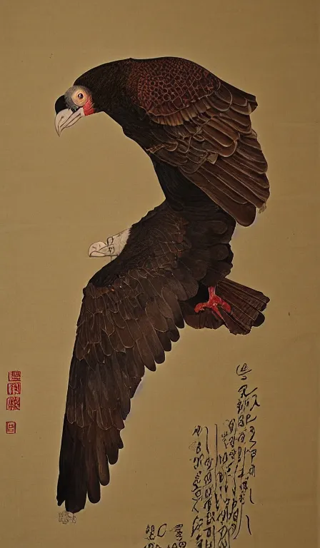 Prompt: turkey vulture on carcass by Shen Quan, hanging scroll, ink and colours on silk