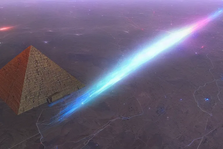 Prompt: It feels like flying But maybe we're dying A cosmic confluence of Pyramids hologrammed, 8k quality, artstation