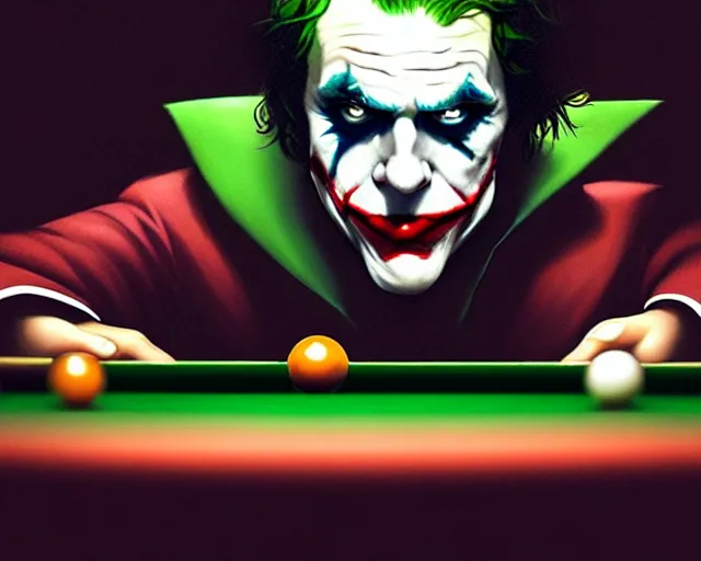 Prompt: photography of the joker playing pool, deep focus, intricate, elegant, highly detailed, digital painting, artstation, concept art, matte, sharp focus, illustration, hearthstone, art by artgerm and greg rutkowski and alphonse mucha