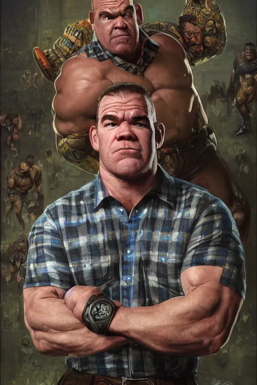 Image similar to upper body and head portrait of huge hulking absurdly muscular jocko willink as marvel character wearing plaid shirt and pants against simple background by alex ross and jack kirby and sergey kolesov and jason fabok and lawrence alma tadema and norman rockwell and greg staples, photoreal, cinematic, 4 k, high detail