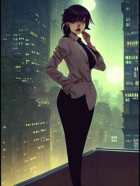 Image similar to full body picture of a mafia madam in the night city, bored, beautiful and aesthetic, intricate, unreal engine, messy hair, highly detailed, detailed face, smooth, sharp focus, chiaroscuro, manga illustration, artgerm, greg rutkowski, ilya kuvshinov, rossdraws, alphonse mucha, young adult light novel cover art