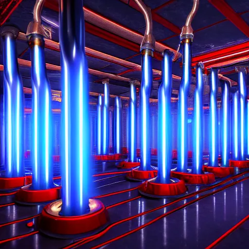 Prompt: photography of a hyper realistic tesla coils, highly detailed blue lighnings arround it. ancient steam punk laboratory background. high detail, professional digital art, unreal engine 5 8 k rendering, stunning, artstation