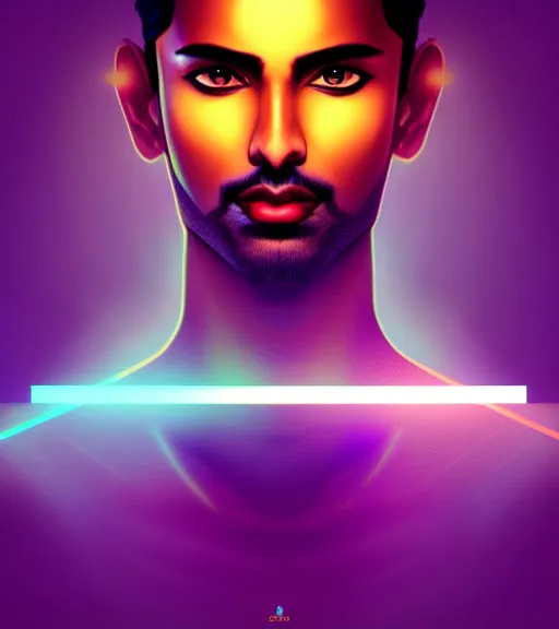 Image similar to symmetry!! indian prince of technology, solid cube of light, hard edges, product render retro - futuristic poster scifi, lasers and neon circuits, brown skin handsome indian prince, intricate, elegant, highly detailed, digital painting, artstation, concept art, smooth, sharp focus, illustration, dreamlike, art by artgerm