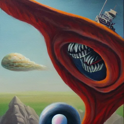 Prompt: A small spaceship fights an eldritch abomination with facial features. Oil painting