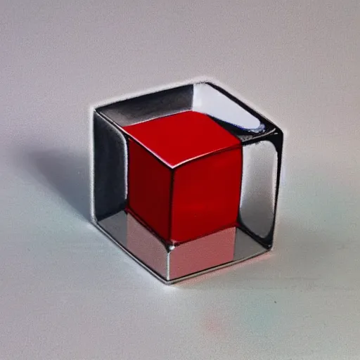 Prompt: chrome spheres on a red cube, airbrush