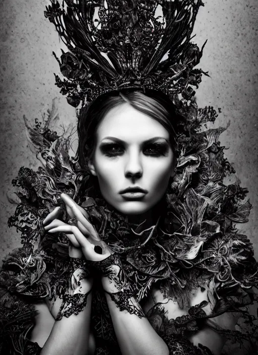 Image similar to a portrait of female model by stefan geselle and nekro borja, photorealistic, intricate details, hyper realistic, dark fantasy, ornate headpiece, dark beauty, photorealistic, canon r 3, photography, wide shot, photography, dark beauty, symmetrical features, wide angle shot, whole body, full body shot, body, feet