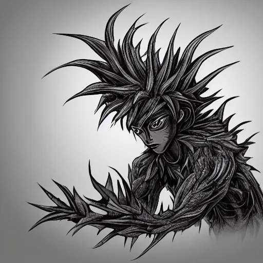 Image similar to A humanoid thistle monster, highly detailed, digital art, sharp focus, trending on art station, fern, anime art style