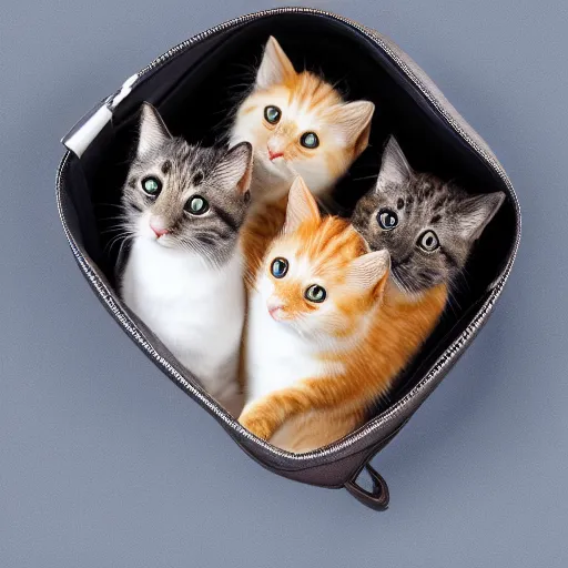 Image similar to a highly detailed photo of multiple furry cats, they are inside a big handbag, gray background, studio lighting, 4 k, 8 k