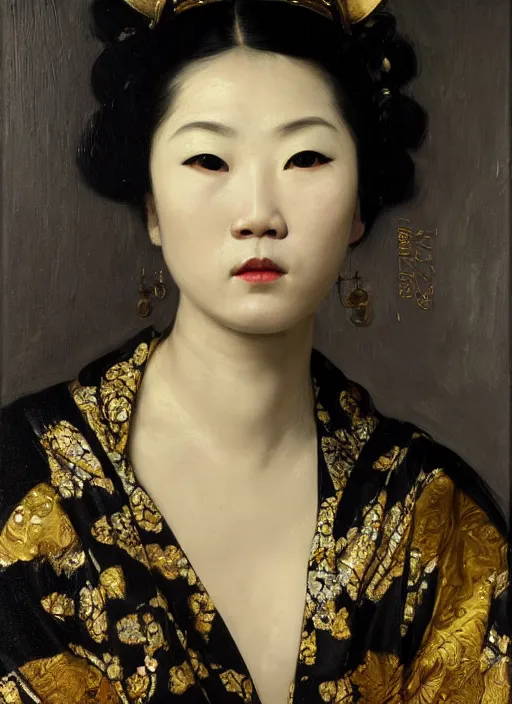 Image similar to highly detailed oil painting | very intricate | cinematic lighting | black, white and gold color scheme, dark background | asian woman in kimono | by roberto ferri, by gustav moreau, by singer sargent and klimt, american romanticism, occult art | by austin osman spare, artstation, cgsociety, official art, octane