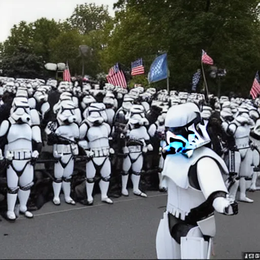 Image similar to a still candid image of hundreds of stormtropers rioting in front of a the white house in washington.!!!, flaming torches and pitchforks