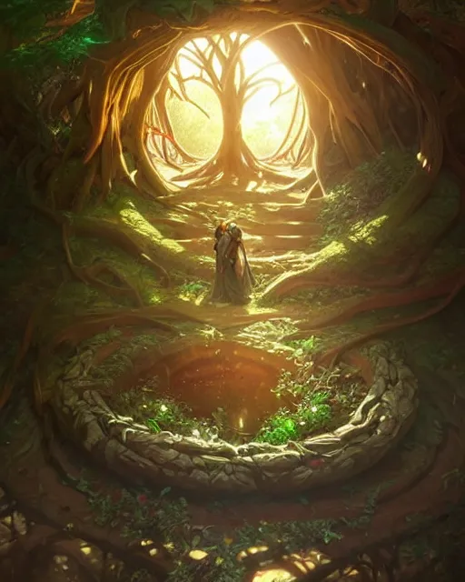 Prompt: A time portal inside a tree, deep focus, D&D, fantasy, intricate, elegant, highly detailed, digital painting, artstation, concept art, matte, sharp focus, illustration, hearthstone, art by Artgerm and Greg Rutkowski and Alphonse Mucha