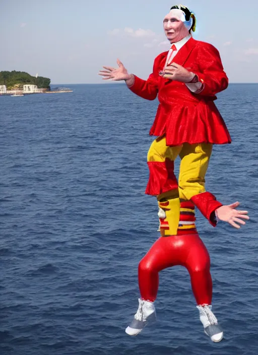 Image similar to 8 0 mm vladamir putin dressed as a clown falling off a boat 4 k, full body,