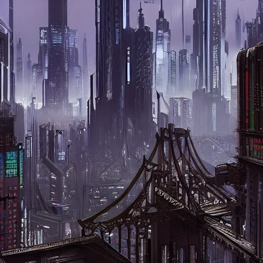 Prompt: victorian cyberpunk cityscape