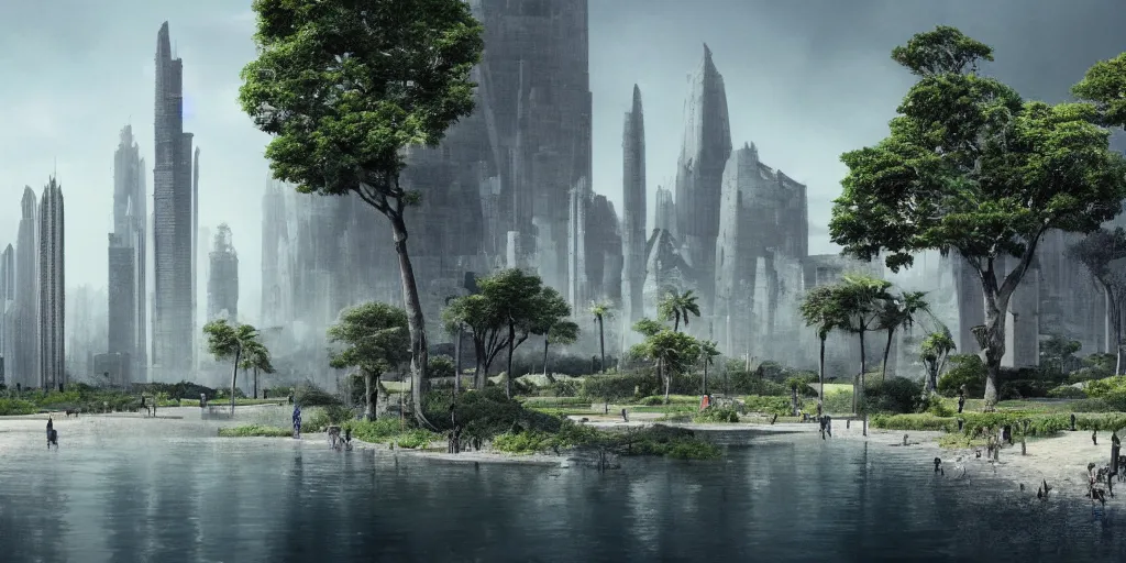 Image similar to city and temples in brutalism, gigantism, aad arab architectural style, but it is an oasis with trees and water, composition idea concept art for movies, style of denis villeneuve and greg fraiser