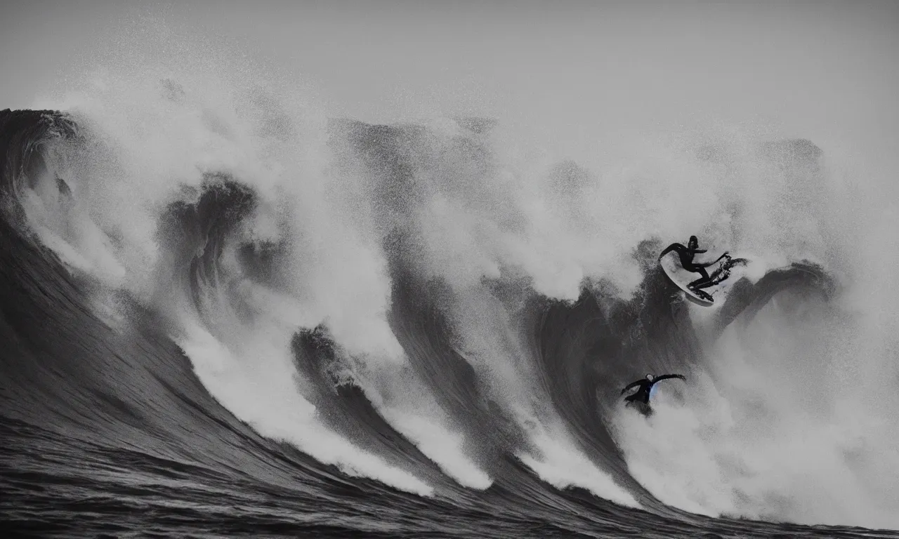 Prompt: mutant octopus surfing a big wave, photography by Hayden Richards, award winner, slow motion, refractions, summerpunk, nazare in portugal, 35mm, cinematic, evening at dusk,