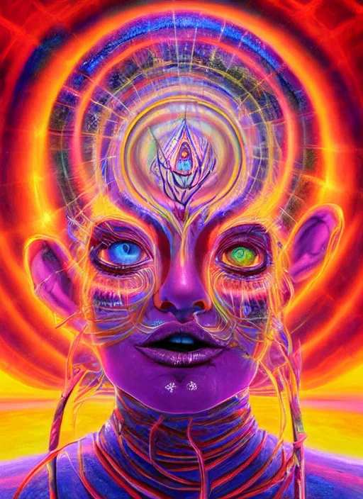 Image similar to tripping magic cult psychic woman, painted face, third eye, energetic consciousness psychedelic, epic surrealism expressionism symbolism, ultra high definition, unreal engine 5, volumetric lighting cinematic ray trace photorealism, symmetrical face, dark myth mythos, by alex grey, masterpiece