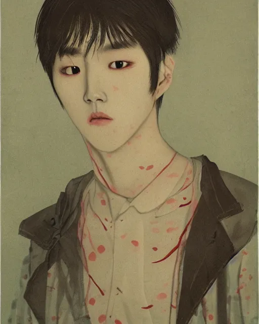 Prompt: a beautiful but creepy young korean man in layers of fear, with haunted eyes, violence in his eyes, wearing a punk outfit, 1 9 7 0 s, seventies, delicate embellishments, a little blood, woodland, moonlight shining on wildflowers, painterly, offset printing technique, by alexandre cabanel