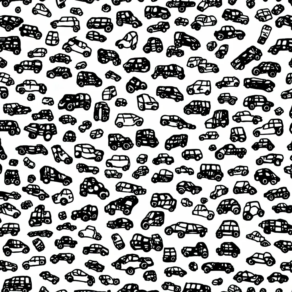 Image similar to seamless tileable pattern showing cars. black and white, drawing, white background, seamless, ornament.