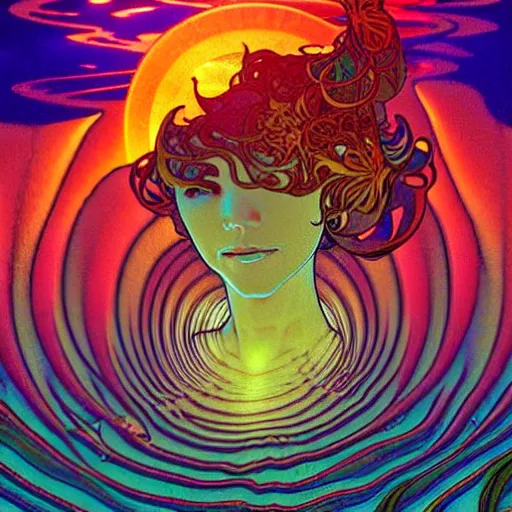 Image similar to ocean wave around psychedelic mushroom, dmt water, lsd ripples, backlit, sunset, refracted lighting, art by collier, albert aublet, krenz cushart, artem demura, alphonse mucha