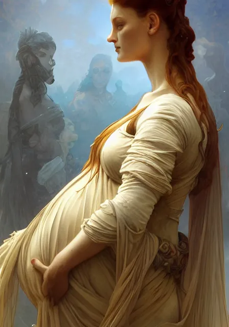 Image similar to sansa pregnant mummy zombie, intricate, elegant, highly detailed, digital painting, artstation, concept art, smooth, sharp focus, illustration, art by artgerm and greg rutkowski and alphonse mucha and william - adolphe bouguereau