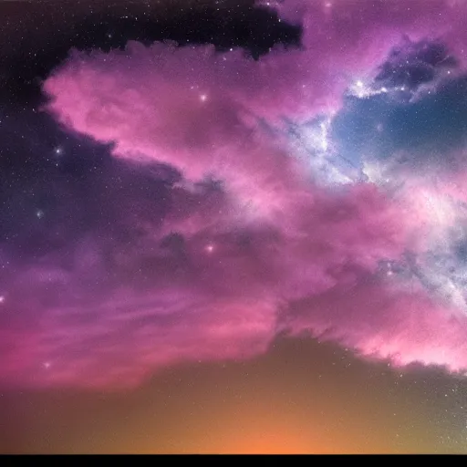 Prompt: matte painting layered night sky. Stars and a swirly starry night moon. pink and purple ombre puffy cotton candy clouds. Cyril Roland