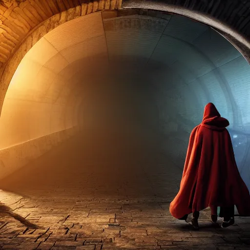 Prompt: sci-fi time traveler nomad wearing a cloak, cape, walking through a neone clock tunnel into another dimension, clocks falling, hdr, glow, sunset, zack snyder cinematography style, dark, cinematic, cinema lighting, highly detailed, ultra realistic, cinematic lighting, 8k