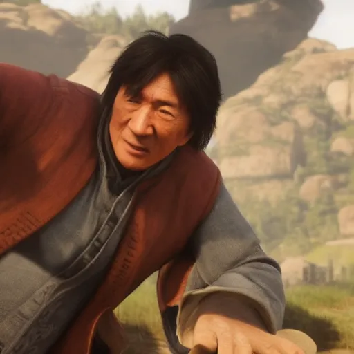 Prompt: Film still of Jackie Chan, from Red Dead Redemption 2 (2018 video game)