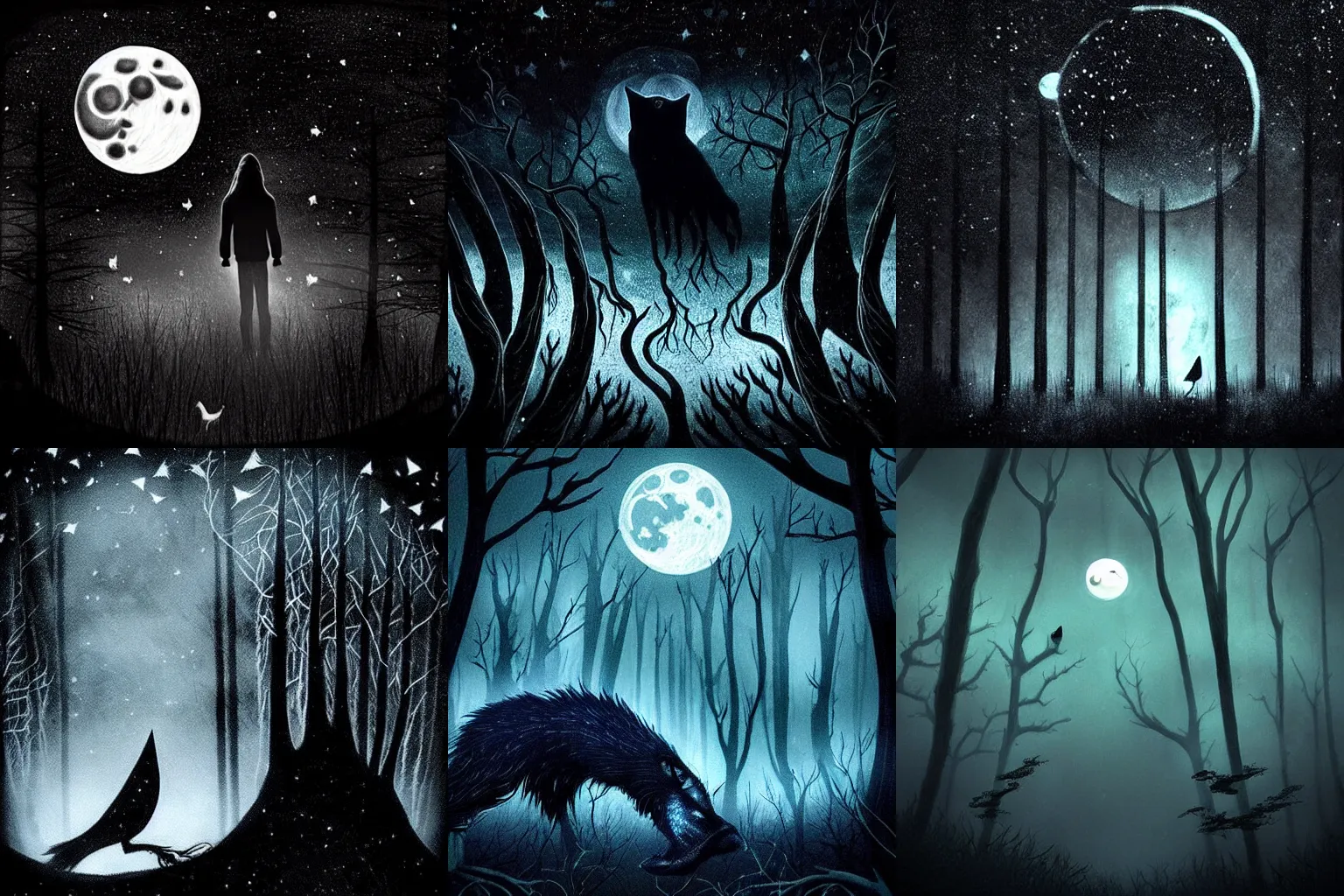 Prompt: in the deep of night, a static came from the moon's gaze, the dark forest howls as the bird took flight, the stars flickered shyly in unison, the black tendrils of the deep is about to be awaken from its deep slumber