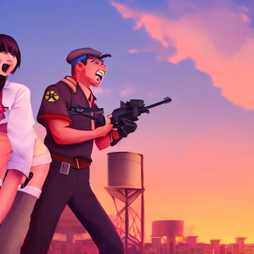 Prompt: the scout from Team Fortress 2 laughing at an anime girl while the sun sets in the background, 4k detailed digital art