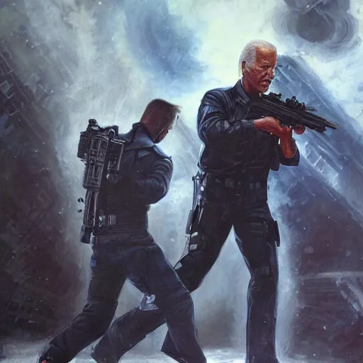 Prompt: joe biden as the terminator shooting Donald Trump with a shotgun, cinematic, establishing shot, extremly high detail, photorealistic, cinematic lighting, artstation, style by James Gurney