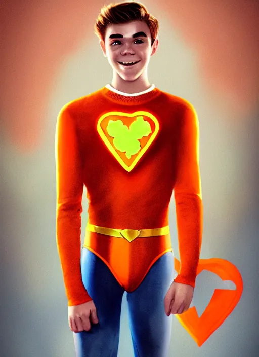 Image similar to friendly teenage archie andrews wearing an orange superhero costume with heart logo, freckles, superhero costume, heart emblem on chest, cape, intricate, elegant, glowing lights, highly detailed, digital painting, artstation, sharp focus, illustration, art by wlop, mars ravelo and greg rutkowski