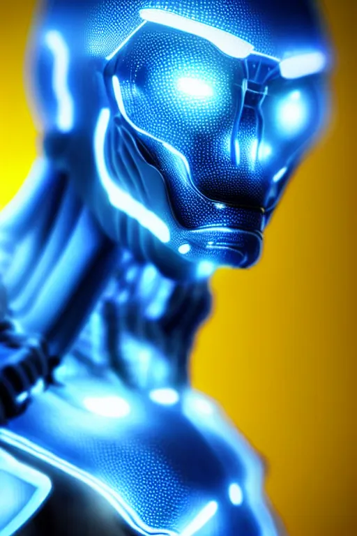 Image similar to hyperrealistic close-up blue glow exoskeleton!! chinese man covered highly detailed concept art eric zener elson peter cinematic side soft yellow light low angle hd 8k sharp shallow depth of field