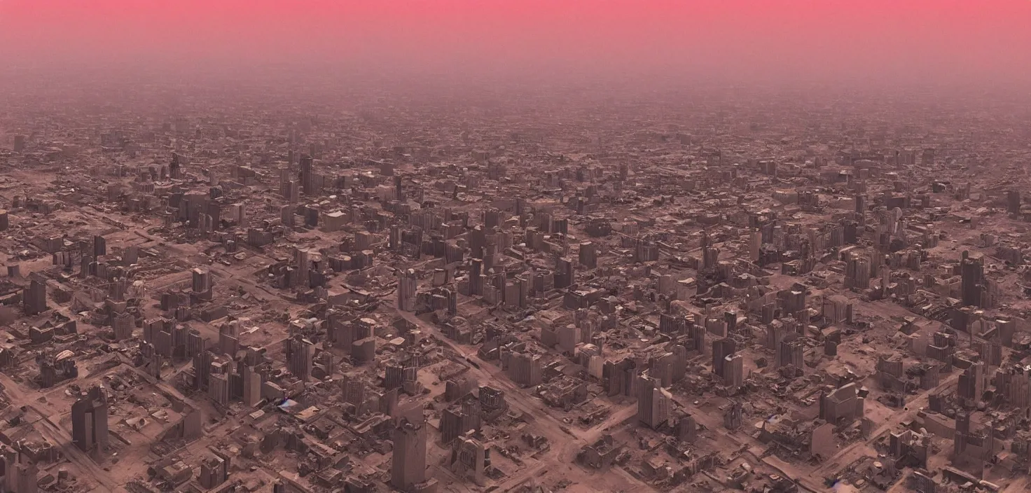 Image similar to ''the city of montreal in a desert wasteland after a nuclear apocalypse in the year 6000, remains, red haze, mist''