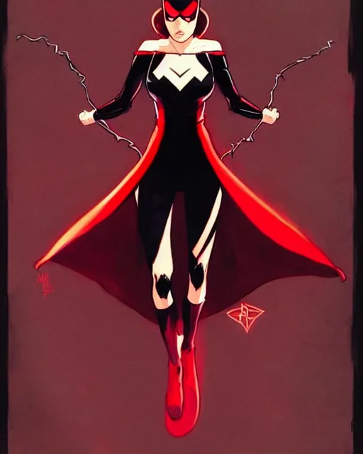 Prompt: rafael albuquerque comic art, peter mohrbacher, phil noto, artgerm, pretty evil elizabeth olson scarlet witch, black and red dress, symmetrical eyes