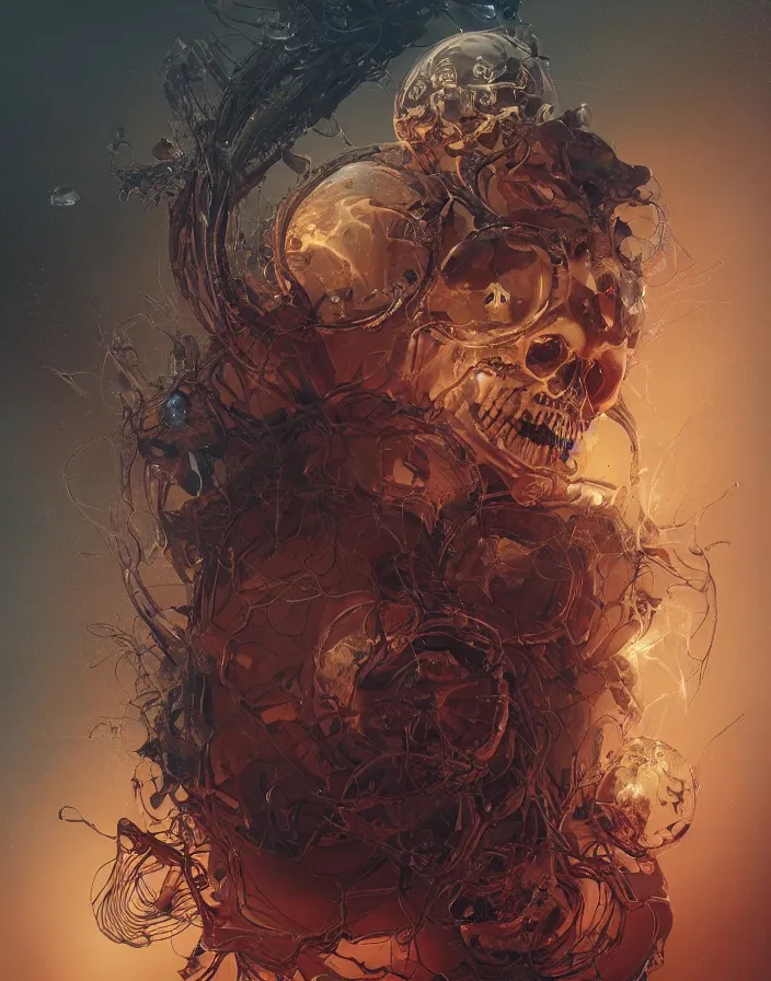 Prompt: absolutely centered symmetrical biomechanical mask of a demon space by Roberto Ferri. beautiful princess. human skull jellyfish butterfly phoenix head. burning water. intricate artwork by Tooth Wu and wlop and beeple and dan mumford and greg rutkowski. halo. octane render, cinematic, hyper realism, octane render, 8k, depth of field, bokeh. iridescent accents