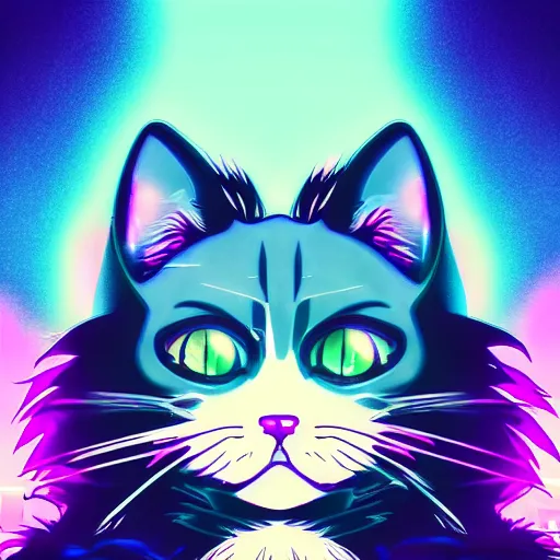 Image similar to anime cat, portrait, vaporwave, synthwave, neon, vector graphics, cinematic, volumetric lighting, f 8 aperture, cinematic eastman 5 3 8 4 film