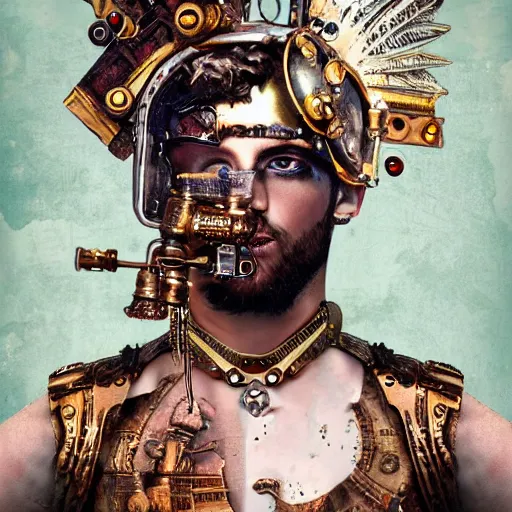 Prompt: steam punk roman god, contemporary collage, highly detailed, digital painting, 4 k, hdr, punk, fashion, smooth, sharp focus, art by nick knight, sandra chevrier and john hoyland
