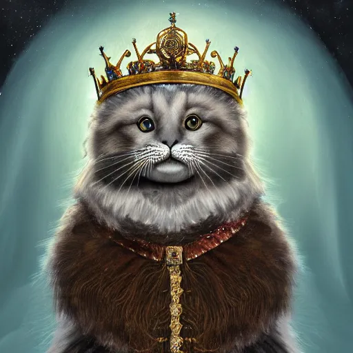 Prompt: an oil painting portrait of a long haired fluffy seal bicolor ragdoll cat wearing medieval royal robe and an ornate crown on a dark space background digital Art, concept Art, highly detailed, 3-D 4K, trending on art station, Mark Brooks,