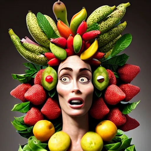 Prompt: fruit dryad by arcimboldo, fruit megan fox editorial by malczewski and arcimboldo, vegetables dryad sculpture by arcimboldo, stil frame from'cloudy with a chance of meatballs 2'( 2 0 1 3 ) of banana dryad, fruit hybrid megan fox editorial by alexander mcqueen and arcimboldo