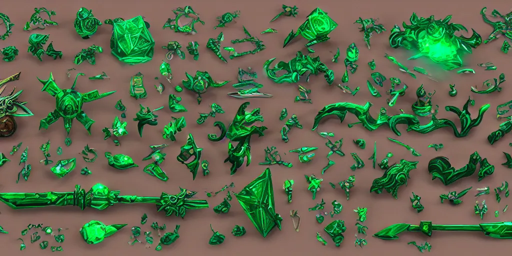 Image similar to fantasy world of warcraft weapons and treasure, green emerald, crystal, magic, hard surface, collection, kitbash, parts, artstation, 8k, Shape and form